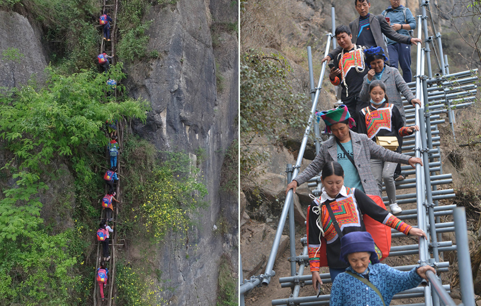 “懸崖村”今昔對(duì)比：左圖為2016年5月14日，孩子們?cè)诩议L(zhǎng)保護(hù)下攀爬木梯回家。右圖為2020年5月13日，昭覺縣支爾莫鄉(xiāng)阿土列爾村村民帶著行李通過鋼梯下山，搬遷至易地扶貧集中安置點(diǎn)的新家。